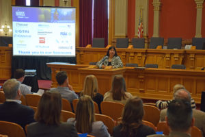 Senator Irene Aguilar delivered the opening remarks in the Capitol Building’s Old Supreme Court Chambers.